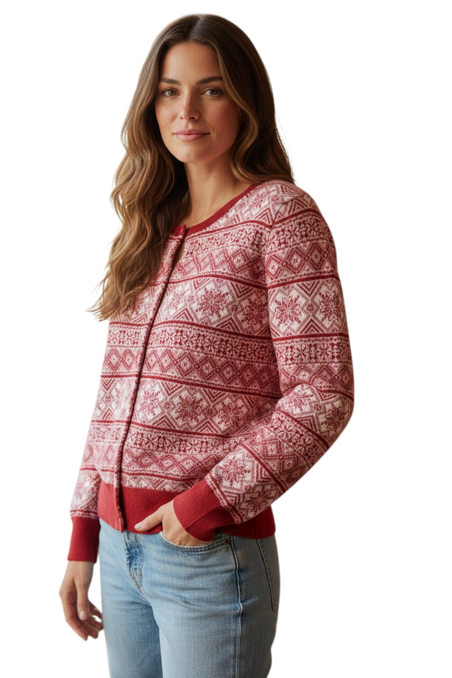 LANDS END Women's M Cardigan Sweater Nordic Snowflake Button Up Supima Cotton